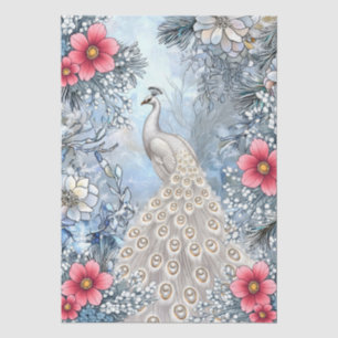 Unique Large Winter Floral White Peacock Decoupage Tissue Paper