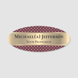 Unique Luxury Gold & Modern Bordeaux Red Polka Dot Name Tag