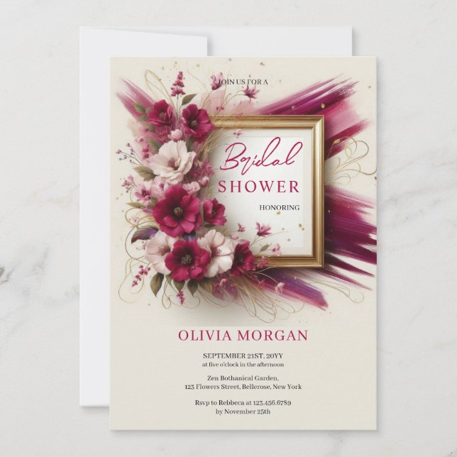 Unique magenta pink flowers gold frame Bridal Invitation (Front)