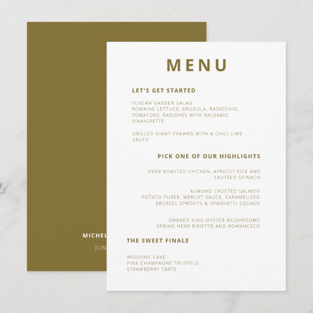 Unique Minimal Typography Olive Green Wedding Menu (Front/Back)