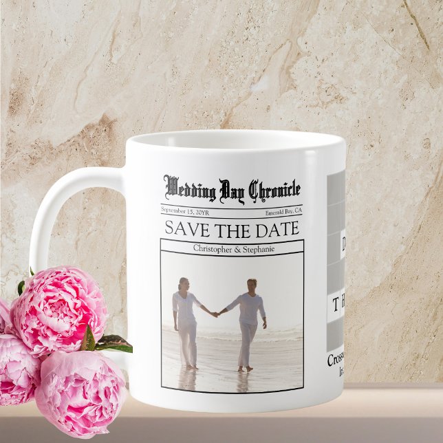 Unique Minimalist Custom Newspaper Save the Date Coffee Mug (Newspaper Save the Date Vintage Calligraphy White Coffee Mug)