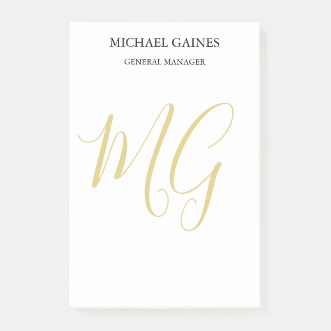 Unique Minimalist Plain Gold Colour Monogram White Post-it Notes (Front)