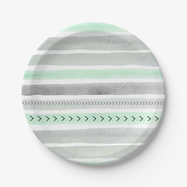 Unique Mint Grey Watercolor Stripes and Arrows Paper Plate (Front)
