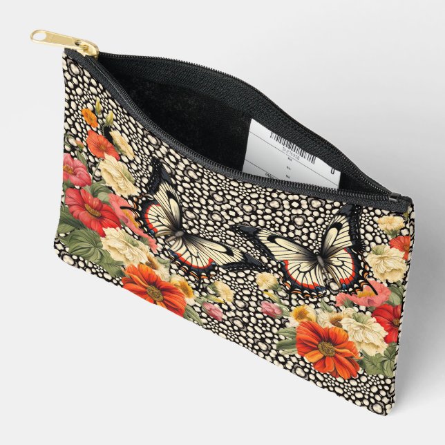 Unique Mixed Media Floral Butterflies Accessory Pouch (Open)