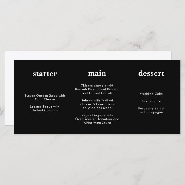 Unique Modern All Black Horizontal Wedding Menu (Front/Back)