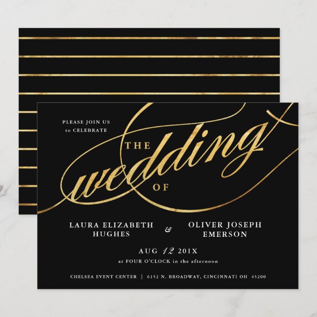 Unique Modern Black & Gold Script Wedding Invitation (Front/Back)