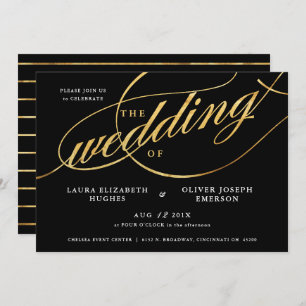 Unique Modern Black & Gold Script Wedding Invitation