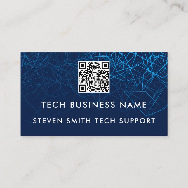 Unique Modern Blue QR Code Custom Tech Business Card (Front)