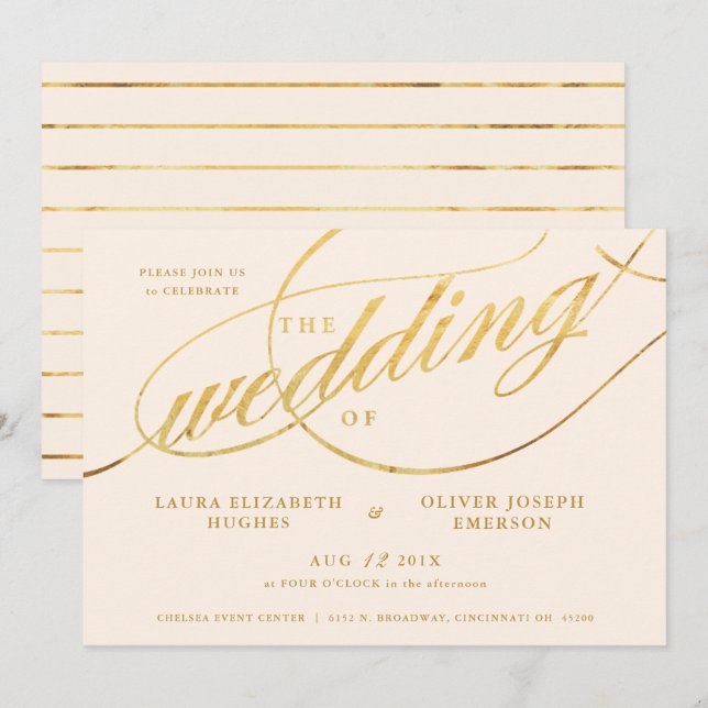 Unique Modern Champagne & Gold Script Wedding Invitation (Front/Back)