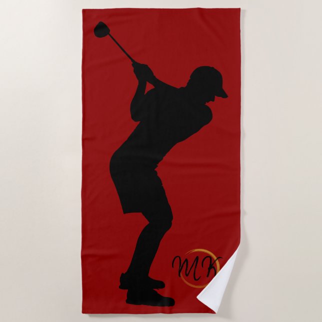 Unique Modern Cool Mens Design Red Custom Monogram Beach Towel (Front)