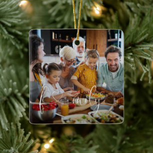 Unique Modern Family Photo Heart Script Typography Ceramic Ornament