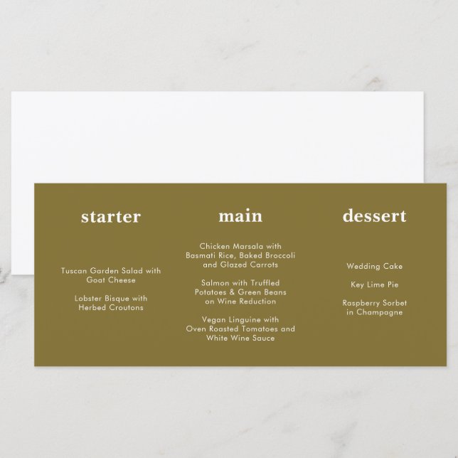 Unique Modern Golden Olive Horizontal Wedding Menu (Front/Back)