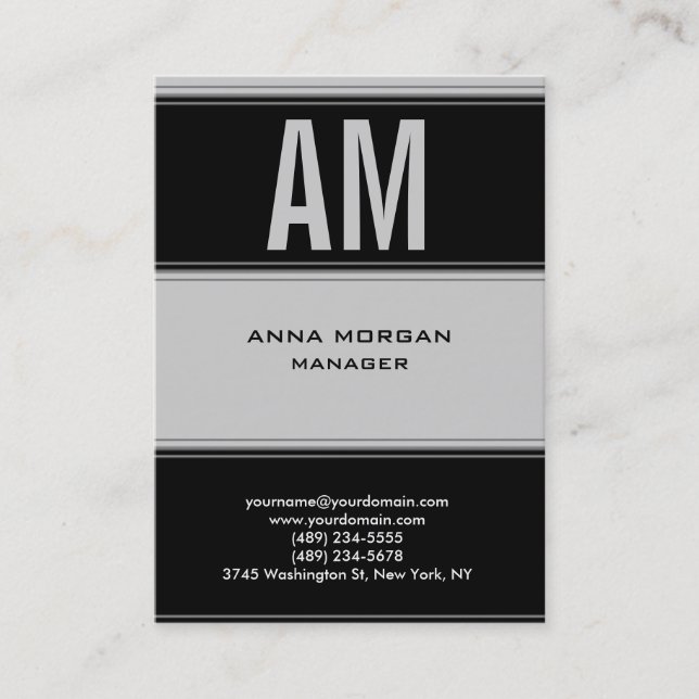 Unique modern grey black plain simple monogram business card (Front)