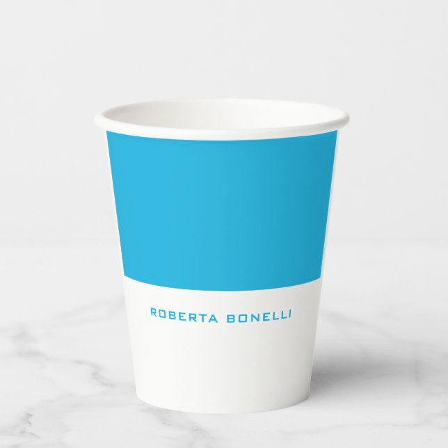 Unique Modern Minimalist Blue White Add Name Paper Cups (Front)