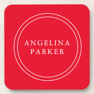Unique Modern Minimalist Plain Red Your Name Coaster