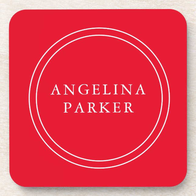 Unique Modern Minimalist Plain Red Your Name Coaster (Front)