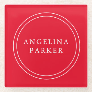 Unique Modern Minimalist Plain Red Your Name Glass Coaster