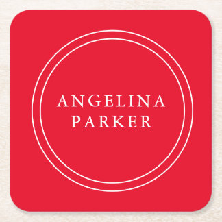 Unique Modern Minimalist Plain Red Your Name Square Paper Coaster