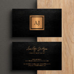 Unique modern monogram professional gold black business card<br><div class="desc">Elegant classy luxury upscale looking monogrammed business card in faux black leather look (PRINTED) with a faux gold copper brushed metallic square (also PRINTED). Easy to personalize on both sides with your details! Suitable for consultants, personal stylists, makeup artist, hairstylist, salon manager, home interior designers or architects, boutique owners, lifestyle...</div>