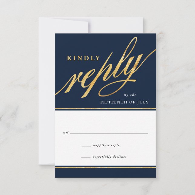 Unique Modern Navy & Gold Script Reply Cards (Front)