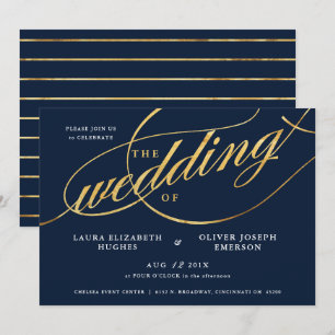 Unique Modern Navy & Gold Script Wedding Invitation