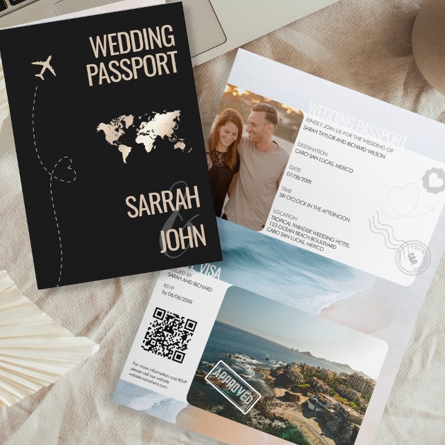Unique Modern Passport Destination Wedding QR Code Invitation (modern black and gold passport wedding invitation with beach background inside)