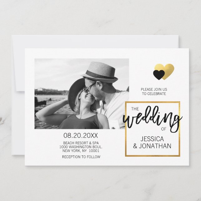 Unique Modern PHOTO Gold Foil White Wedding Invitation (Front)