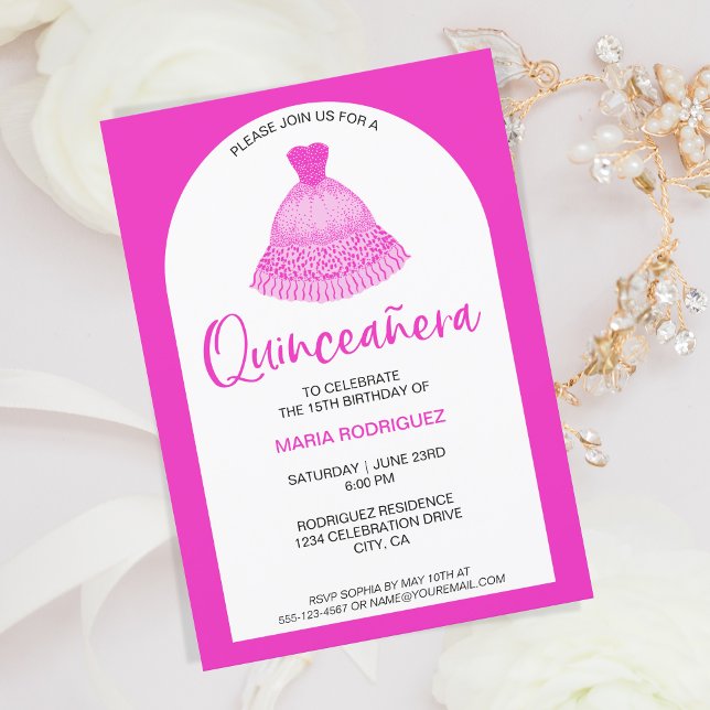 Unique Modern Pink Gown Quinseanera Celebration Invitation (pink gown quinceanera invitation)
