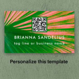 Unique Modern Pink & Green Palm QR Code Custom Business Card
