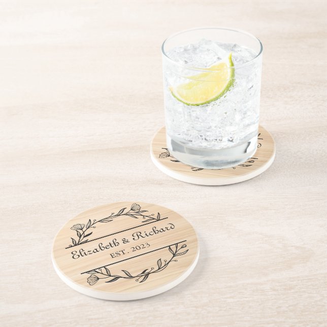 Unique Modern Rustic Custom Couple Wedding Date Coaster (Side)