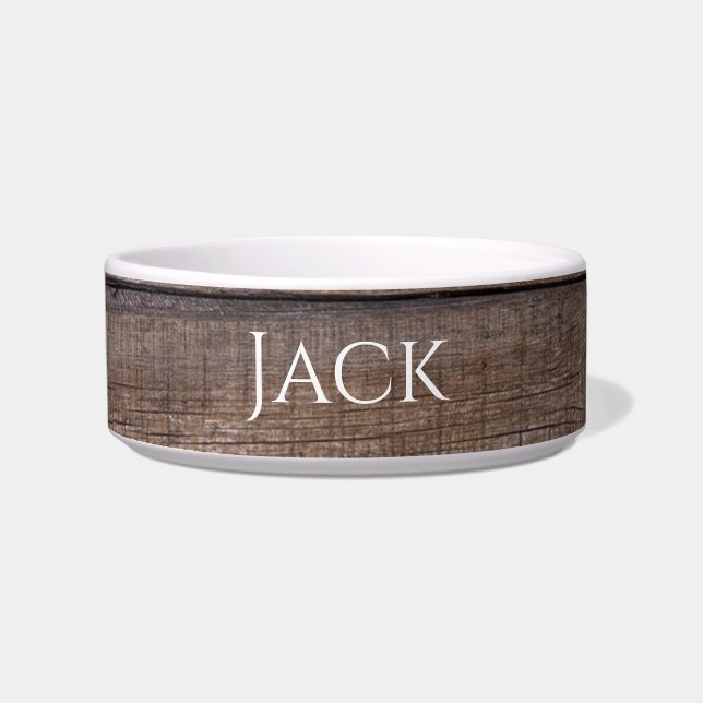 Unique Modern Rustic Wood Personalised Pet Bowl (Front)