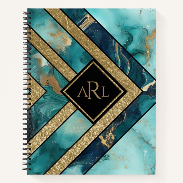 Unique Modern Teal Gold Geometric Personalized Notebook (Front)