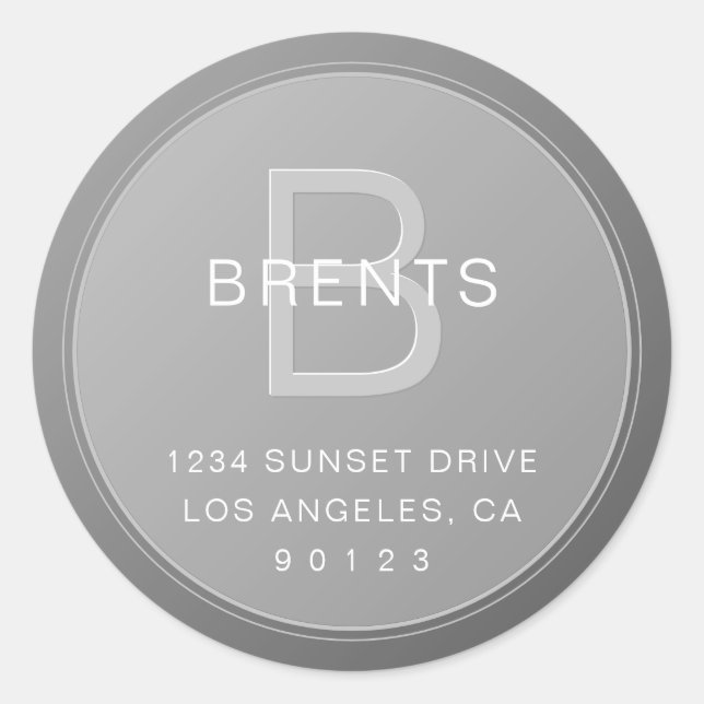Unique Monogram Grey Gradient Return Address Classic Round Sticker (Front)
