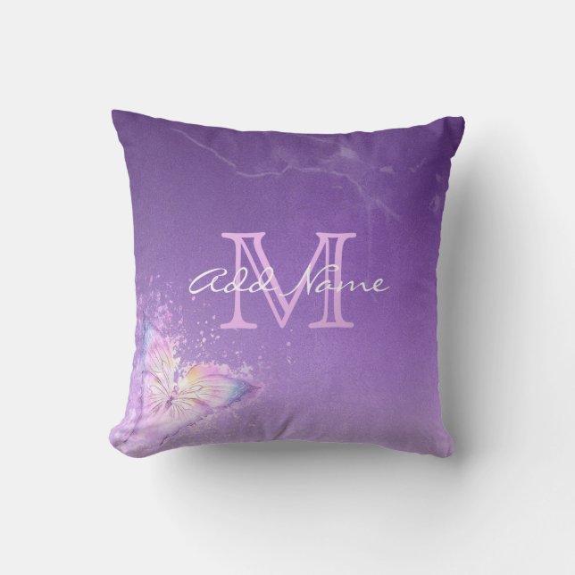 Unique Monogram Purple Butterfly Watercolor Girl Throw Pillow (Front)