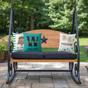 Unique Monogrammed Copper and Turquoise Patriotic Throw Pillow