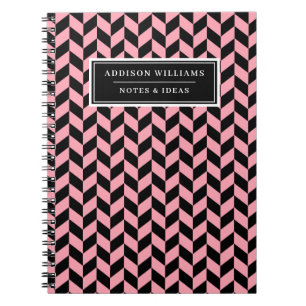 Unique Name Pink Black Herringbone Pattern Notebook