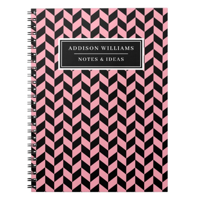 Unique Name Pink Black Herringbone Pattern Notebook (Front)