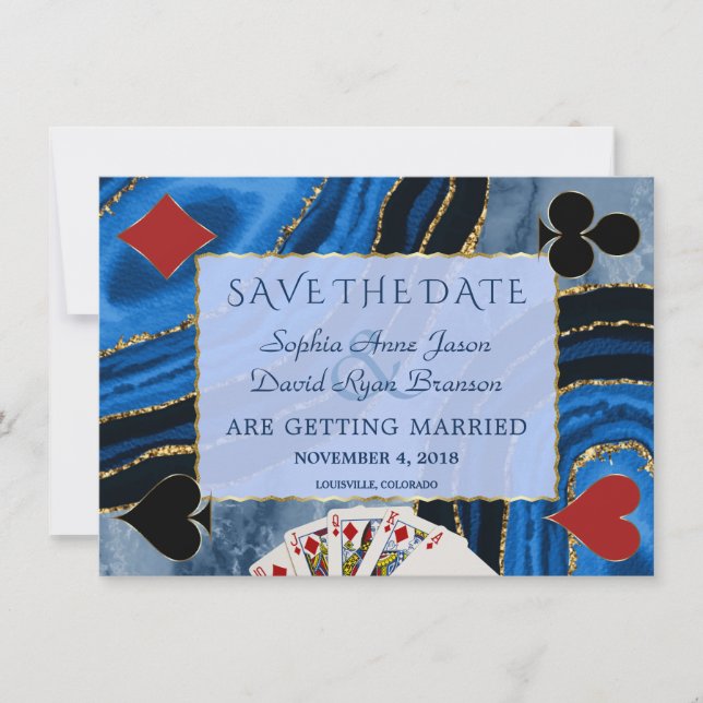 Unique Navy Blue Agate Vegas Poker Wedding Save The Date (Front)