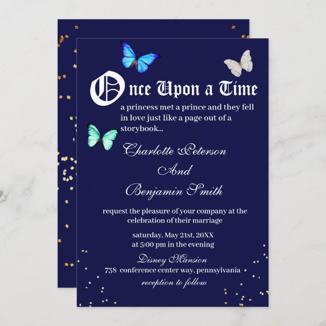 Unique Navy Blue Butterfly Fairytale Wedding Invitation (Front/Back)