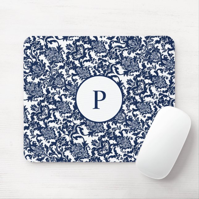 Unique Navy Blue Damask Pattern Mouse Pad (With Mouse)