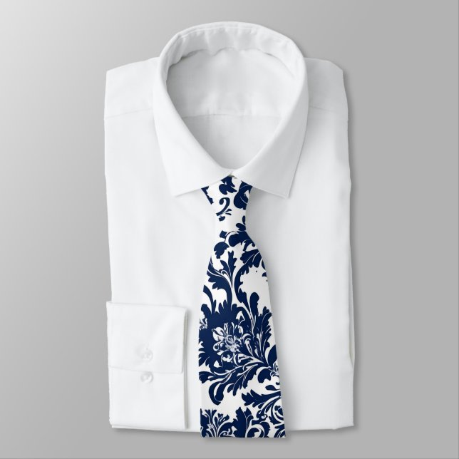 Unique Navy Blue Damask Pattern Tie (Tied)