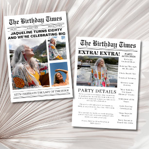 Unique newspaper 80th Birthday photo Invitation