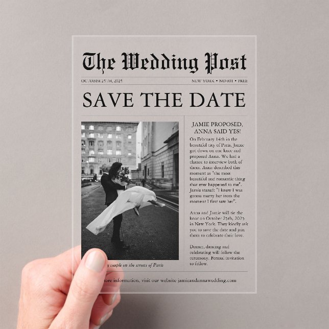 Unique Newspaper Photo Save the Date Acrylic Invitations (Insitu (Handheld))