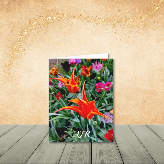 Unique Orange and Yellow Pointed Tulips Note Cards (Personalize to add your initials/name, or remove the text all-together.  )
