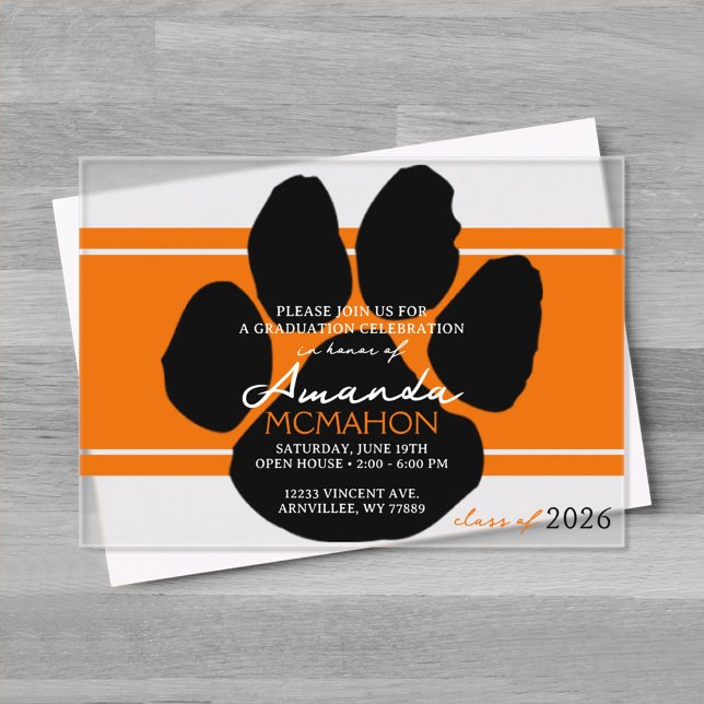 Unique Orange & Black Graduation Pawprint Elegant Acrylic Invitations (Unique Orange and Black Graduation Pawprint Elegant Frosted Acrylic Invitations)