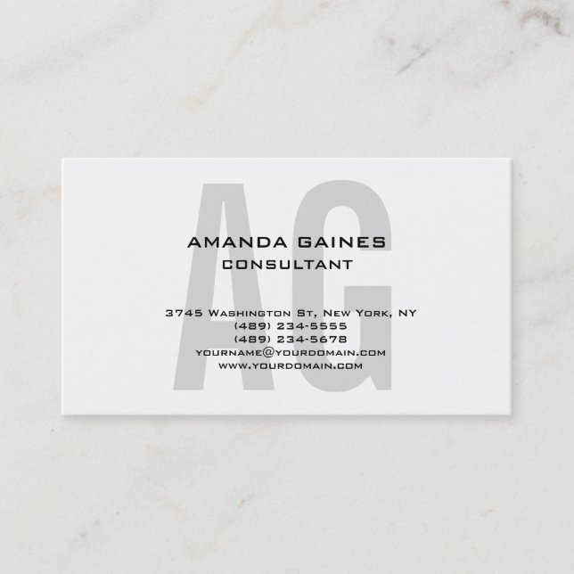 Unique Original Classical Grey Monogram White Business Card (Front)