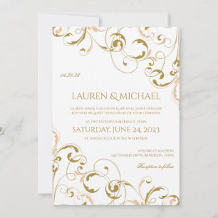 Unique Peach & Gold Wedding Invitations Swirls