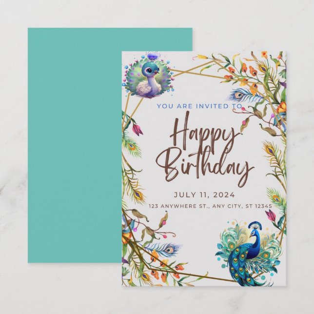 Unique Peacock Patina birthday  Invitation (Front/Back)