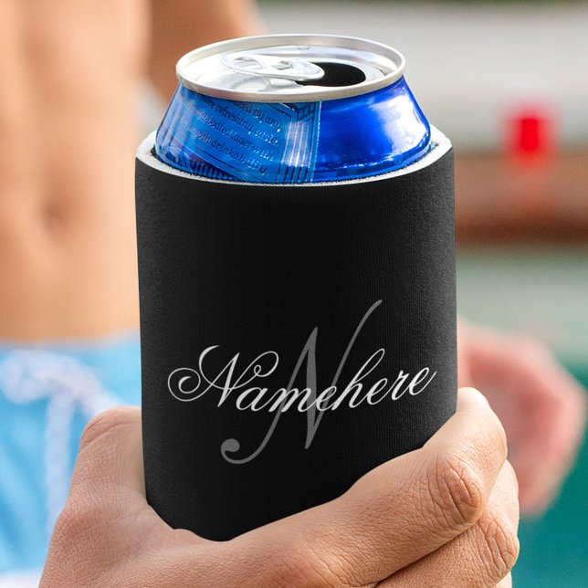 Unique Personalized Black and White Name Monogram Can Cooler (Creator Uploaded)
