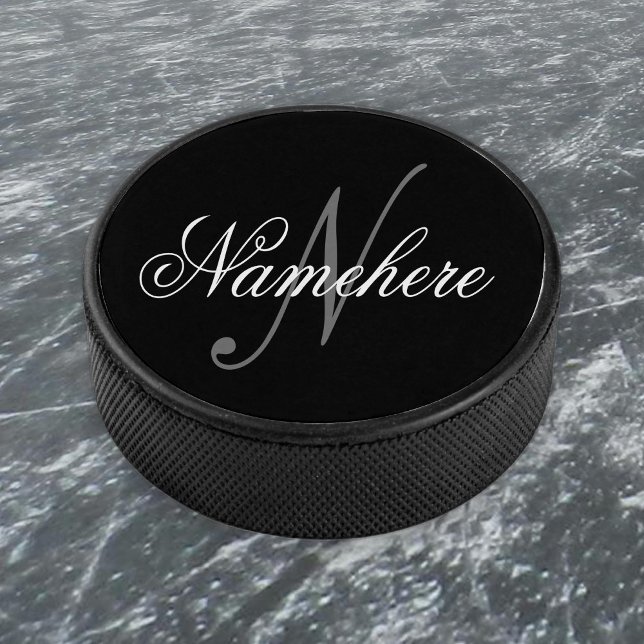 Unique Personalized Black and White Name Monogram Hockey Puck (Creator Uploaded)